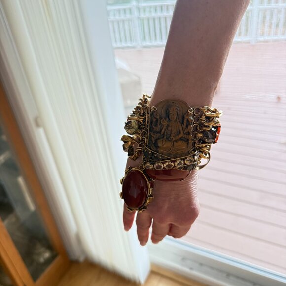 IRADJ MOINI SIGNED CITRINE TIGER EYE CARNELIAN STATEMENT BRACELET PIN BROOCH - Picture 10 of 12